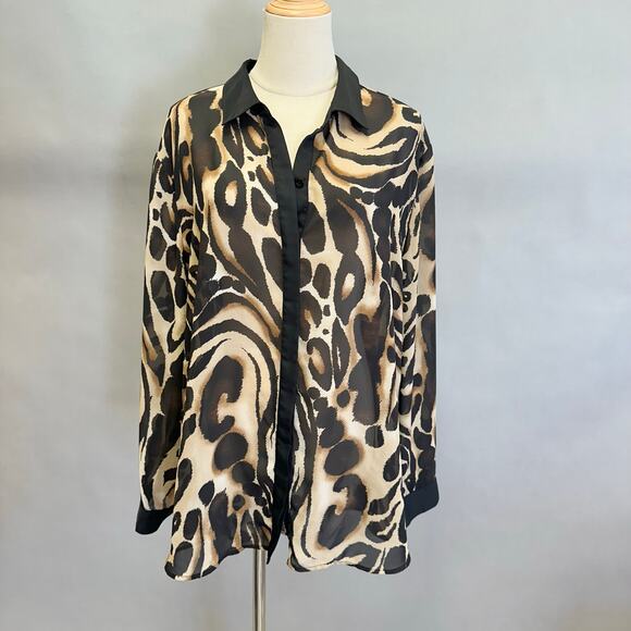 Chico's Ocelot Print Button Up Long Sleeve Blouse Sheer US Size XXL Chicos 4 - Picture 1 of 15